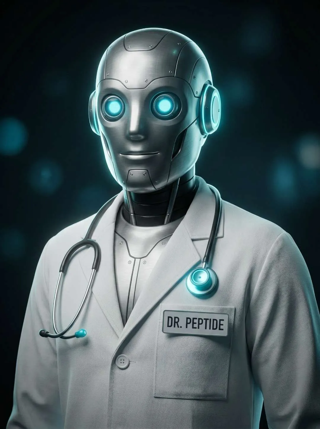 Dr. Peptide, the clinical peptide guide, in a white lab coat with a stethoscope
